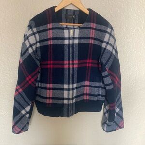J. Crew Navy Red Wool Plaid Classic Bomber Jacket Office Business Casual Zip Up